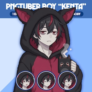 May include: Digital illustration of a character in a black and red bat-themed hoodie, holding a mug with a bat design. The image includes the text "PNGTUBER BOY 'KENTA'" at the top.