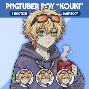May include: Digital illustration of a character with blonde hair, green eyes, and sunglasses on their head. The character wears a purple hoodie and holds a red mug. The image includes the text "PNGTUBER BOY 'KOUKI'" and "1 EMOTION HALF BODY".