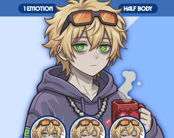 May include: Digital illustration of a character with blonde hair, green eyes, and sunglasses on their head. The character wears a purple hoodie and holds a red mug. The image includes the text "PNGTUBER BOY 'KOUKI'" and "1 EMOTION HALF BODY".