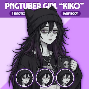 May include: Digital illustration of a character named "Kiko" with black hair and a black cat-ear beanie. The character is holding a mug with a skull design. The image has a purple background and includes the text "PNGTUBER GIRL KIKO" and "HALF BODY".