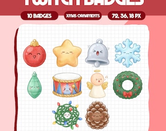 May include: A set of 10 Christmas-themed Twitch badges. The badges feature a red bauble, yellow star, silver bell, blue snowflake, green teardrop ornament, drum, angel, wreath, string of lights, and pinecone. The text "Twitch Badges" is at the top.