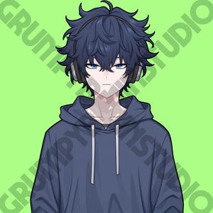 Op de afbeelding: Digitale illustratie van een persoon met blauw haar, blauwe ogen en een koptelefoon, gekleed in een blauwe hoodie. De achtergrond is effen groen met de tekst "GRUMPY STUDIO" in een diagonaal patroon.