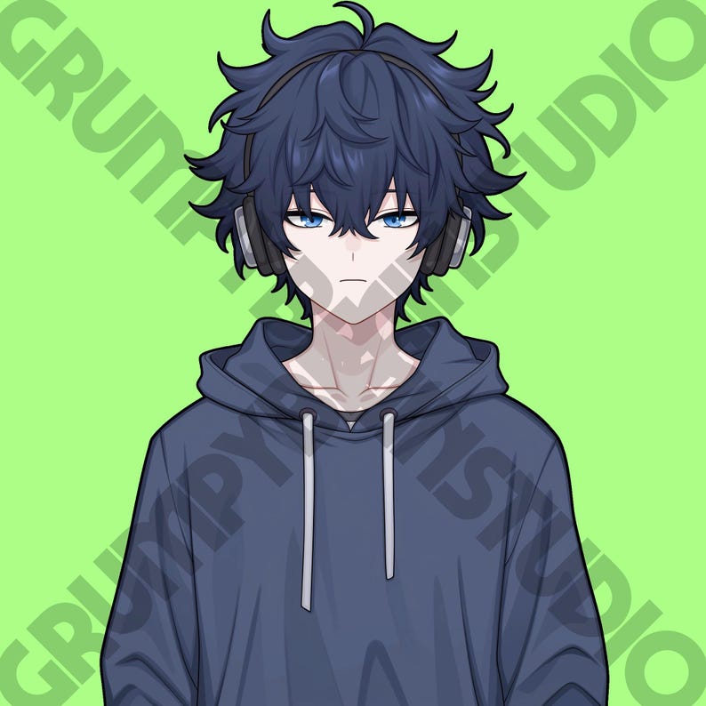 Op de afbeelding: Digitale illustratie van een persoon met blauw haar, blauwe ogen en een koptelefoon, gekleed in een blauwe hoodie. De achtergrond is effen groen met de tekst "GRUMPY STUDIO" in een diagonaal patroon.