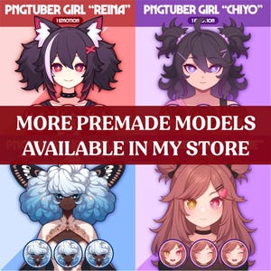 K&ouml;nnte beinhalten: Werbegrafik mit vier Charakterdesigns im Anime-Stil. Die obere Reihe zeigt "Reina" und "Chiyo", darunter zwei weitere Charaktere. Der Text lautet "More Premade Models Available in My Store."