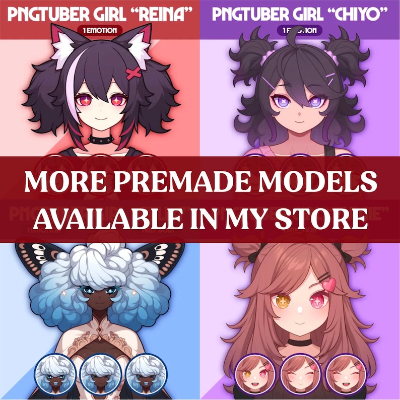 K&ouml;nnte beinhalten: Werbegrafik mit vier Charakterdesigns im Anime-Stil. Die obere Reihe zeigt "Reina" und "Chiyo", darunter zwei weitere Charaktere. Der Text lautet "More Premade Models Available in My Store."