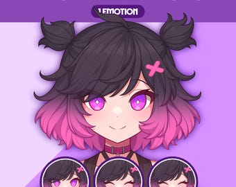 May include: Digital illustration of a PNGTuber girl named "Fuyue" with black and pink hair, purple eyes, and a pink cross hair accessory. The image includes three smaller circular portraits showcasing different expressions. The background is a solid purple color.
