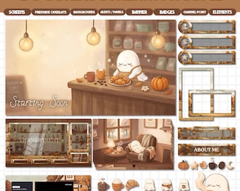 May include: A digital stream package titled BOOBREW STREAM PACKAGE featuring a ghost character in a cafe setting. Includes screens, overlays, panels, and badges with warm brown tones, coffee, pumpkins, and autumn leaves for streaming layouts.