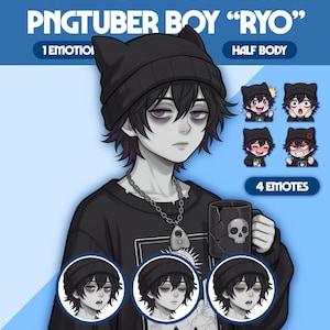 May include: Digital illustration of a PNGTuber boy named "Ryo" wearing a black beanie and sweater, holding a mug with a skull design. The image includes four emotes and the text "4 emotes".