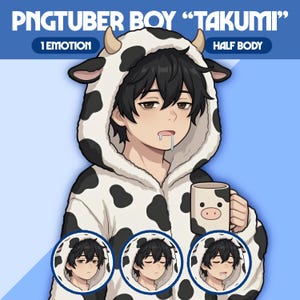 Puede incluir: Ilustración digital de un chico PNGTuber llamado "Takumi" con una sudadera con capucha con temática de vaca y sosteniendo una taza. La sudadera con capucha es blanca con manchas negras. La taza tiene un diseño de cara de vaca. Incluye el texto "1 Emotion" y "Half Body".