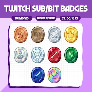 Könnte beinhalten: Eine Sammlung von 10 Twitch Sub/Bit-Abzeichen in verschiedenen Farben und Designs. Die Abzeichen zeigen eine Krone, einen Stern, ein Schild und andere Arcade-Symbole. Der Text "TWITCH SUB/BIT BADGES" steht oben.