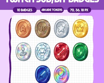 May include: A set of 10 Twitch sub/bit badges with arcade-themed designs. The badges are in various colors and feature icons like a crown, star, and shield. The text "TWITCH SUB/BIT BADGES" is at the top.
