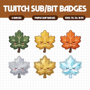 Puede incluir: Un conjunto de seis insignias digitales de Twitch sub y bit con diseños de hojas de arce con ojos cerrados y bocas pequeñas. Las hojas son verdes, amarillas, naranjas, plateadas, doradas y azul claro. Texto: TWITCH SUB/BIT BADGES, 6 BADGES, MAPLE LEAF BADGES, 1000, 72, 36, 18 PX.