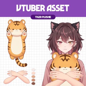 May include: A digital illustration labeled VTUBER ASSET TIGER PLUSHIE featuring a cartoon orange tiger plush toy with black stripes, a character with dark hair and cat ears holding the tiger plush, and a pair of crossed arms with skin tone swatches.