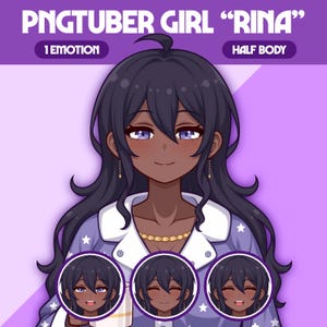 May include: Digital illustration of a PNGTuber girl named "Rina" with dark hair and purple eyes. The image includes three smaller circular portraits showing different facial expressions. The text "1 Emotion" and "Half Body" are also present.