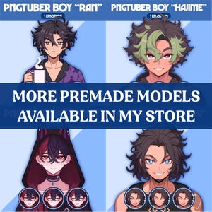 May include: An advertisement featuring four anime-style character illustrations. The top row displays two characters with text above them: "PNGTUBER BOY 'RAN'" and "PNGTUBER BOY 'HAJIME'". A banner reads "MORE PREMADE MODELS AVAILABLE IN MY STORE".