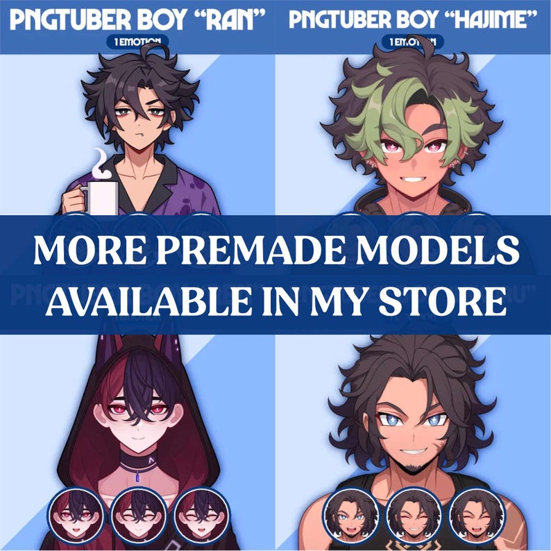 May include: An advertisement featuring four anime-style character illustrations. The top row displays two characters with text above them: "PNGTUBER BOY 'RAN'" and "PNGTUBER BOY 'HAJIME'". A banner reads "MORE PREMADE MODELS AVAILABLE IN MY STORE".