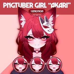 May include: A digital illustration of a character named "Akari" with red hair, fox ears, and a white mask. The image includes three smaller circular portraits showcasing different facial expressions. Text at the top reads "PNGTUBER GIRL 'AKARI'" and "1 EMOTION".