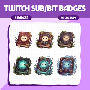 May include: A set of six Twitch sub/bit badges featuring illustrated books with smiling faces. The badges are in various colors, including brown, green, and blue, with decorative elements and the text "TWITCH SUB/BIT BADGES" at the top.