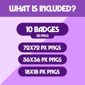 K&ouml;nnte beinhalten: Ein lila Grafik mit wei&szlig;em Text, der "WAS IST ENTHALTEN?" anzeigt, gefolgt von Details zu digitalen Badges. Das Bild listet "10 BADGES" und "30 PNGS" sowie verschiedene Pixelgr&ouml;&szlig;en auf: 72x72, 36x36 und 18x18.