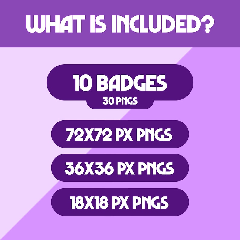 K&ouml;nnte beinhalten: Ein lila Grafik mit wei&szlig;em Text, der "WAS IST ENTHALTEN?" anzeigt, gefolgt von Details zu digitalen Badges. Das Bild listet "10 BADGES" und "30 PNGS" sowie verschiedene Pixelgr&ouml;&szlig;en auf: 72x72, 36x36 und 18x18.