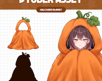 May include: A digital illustration of a VTuber asset featuring a Halloween blanket. The asset shows an orange pumpkin-shaped hooded blanket, a solid black silhouette of the same shape, and an anime character wearing the pumpkin blanket.