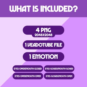 May include: A purple graphic with the text "WHAT IS INCLUDED?" and details of the product: 4 PNG files, 2048x2048 resolution, 1 VEADOTUBE file, and 1 EMOTION. Additional text includes "EYES OPEN/MOUTH CLOSED", "EYES CLOSED/MOUTH CLOSED", "EYES OPEN/MOUTH OPEN", and "EYES CLOSED/MOUTH OPEN".