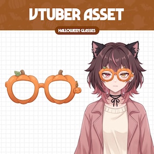 Puede incluir: Una ilustración digital de gafas naranjas con forma de calabaza, con una pequeña hoja verde y un dije de calabaza colgante. El recurso se muestra junto a un personaje estilo anime con cabello castaño, orejas de gato y chaqueta rosa.