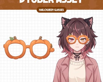 May include: A digital illustration of orange pumpkin-shaped glasses with a small green leaf and a dangling pumpkin charm. The asset is displayed alongside an anime-style character wearing the glasses, featuring brown hair, cat ears, and a pink jacket.