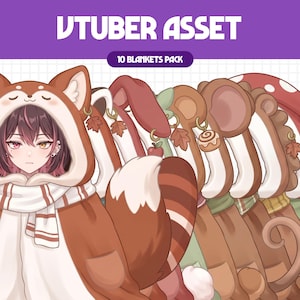 May include: A digital illustration titled VTUBER ASSET 10 BLANKETS PACK featuring a collection of ten hooded blankets with animal-themed designs, including a red panda, mushroom, and cinnamon roll motifs, worn by an anime-style character.