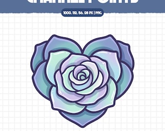 May include: A digital graphic labeled CHANNEL POINTS with the text 1000, 112, 56, 28 PX | PNG. The central element is a heart-shaped succulent or rose illustration featuring layered petals in shades of pastel purple, blue, and mint green with dark outlines.