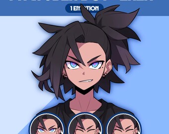 Puede incluir: Ilustración digital de un chico PNGTuber llamado "Eren" con cabello negro y ojos azules. La imagen incluye tres retratos circulares más pequeños que muestran diferentes expresiones faciales. También está presente el texto "1 Edition".