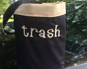 Car trash bag . Custom made in any color or print . black with tan band