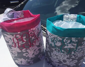 Car trash bag-Custom made in any color or print - 4 inch monogram grey floral