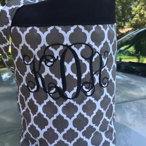 Car trash bag-Custom made in any color or print - 4 inch monogram Grey quatrefoil