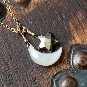 Crescent Moon and Stars Necklace with White Moonstone and Pyrite, Dainty Gold Pyrite Star, Gift for Daughter, Sister, Girlfriend, teen