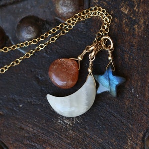 Stunning Sunstone, Moonstone and Labradorite Necklace, Sun Moon and Stars Necklace, White Moonstone Sunstone Necklace Gold or Silver