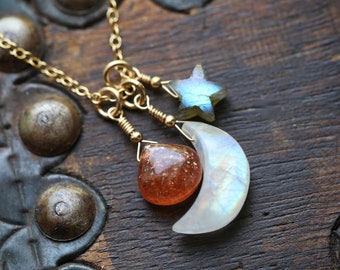 Sunstone, Moonstone and Labradorite Necklace, Sun Moon and Stars Necklace, Rainbow Moonstone Sunstone Necklace Gold or Silver