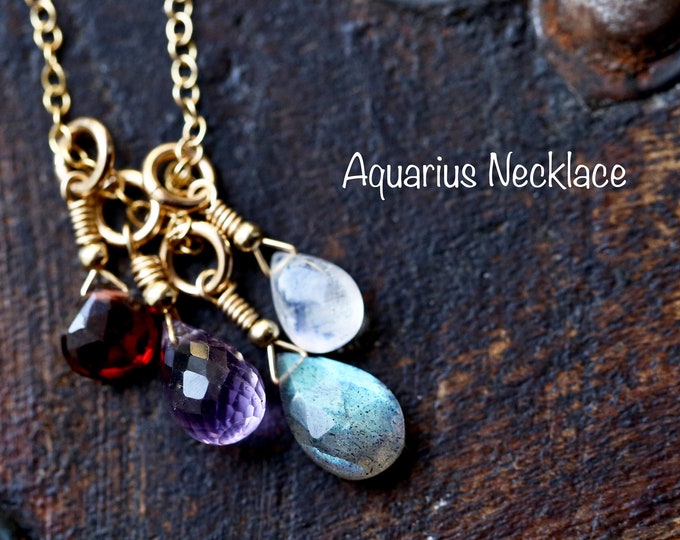 Aquarius Crystal Zodiac Necklace with Gemstones, Astrology Birthstone Gift for Aquarius Daughter, Sister, Friend, Bohemian Crystal Necklace