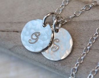 Hand Stamped Necklace, Initial Necklace, Two Initials, Mothers Necklace, Sterling Silver Necklace, Personalized Sterling, hammered initials