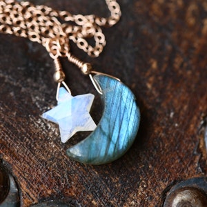 Beautiful Moonstone and Labradorite Necklace, Rose Gold Filled, Crescent Moon and Stars Necklace, Rainbow Moonstone Labradorite Gold Silver