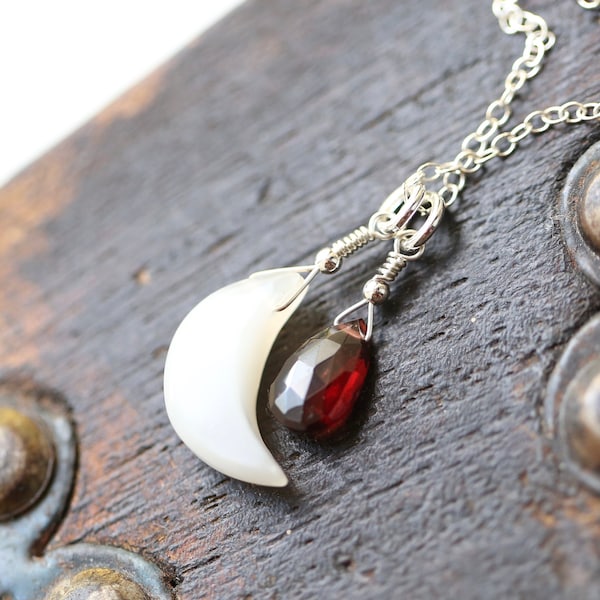 Red Garnet and White Moonstone Necklace, Crescent Moon and Garnet Necklace, January Birthstone, Birthday Gift Teen, Wife, daughter