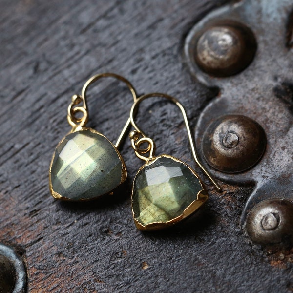 Gold Labradorite Earrings, Gold Green Flash Labradorite Earrings, 14K Gold Filled Gemstone Earrings, Gold Edged Labradorite Gift for Wife