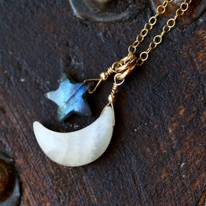 Beautiful Moonstone and Labradorite Necklace, Moon and Stars Necklace, White Crescent Moonstone and Star Labradorite Necklace Gold or Silver