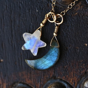 Beautiful Moonstone and Labradorite Necklace, Crescent Moon and Stars Necklace, Rainbow Moonstone Labradorite Necklace Gold or Silver