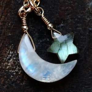 Rainbow Moonstone and Labradorite Necklace, Moon and Stars Necklace, Dainty Crescent Moonstone and Star Labradorite Necklace Gold or Silver