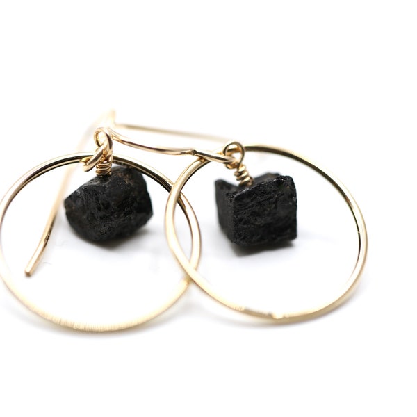 Rough Black Tourmaline Gemstone Earrings, Natural Gemstone Earrings, Black and Gold Earrings, 14K Gold Filled Earrings Shaped, Gift for Wife