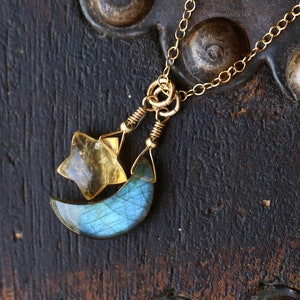 Gorgeous Labradorite and Citrine Necklace, Crescent Moon and Stars Necklace, Crescent Labradorite and Yellow Citrine Star Necklace