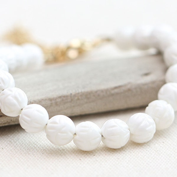 White Carved Shell Bracelet, White and Gold Bracelet, Stacking Gemstone Bracelet, Beaded Gemstone Bracelet, Gold Tassel Bracelet