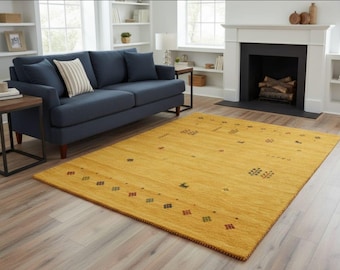 Mustard Yellow Gabbeh Rug - Handmade Wool Tribal Rug, Minimalist Animal Design Carpet, Modern Persion Style Area Rug, Living Room Rug