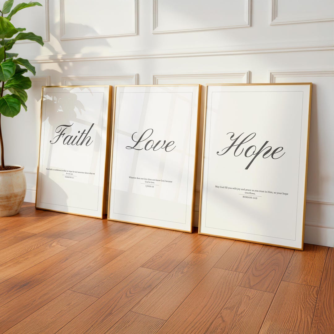 Minimalist Christian Wall Art Set of 3 – Faith Love Hope Scripture ...